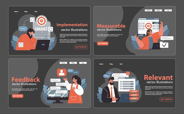 Business productivity set professionals applying smart goals achieving measurable results through