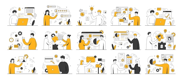 business scene set big set collection of scenes with men and women hr specialist data analytic search information start up business people in different situation vector illustration