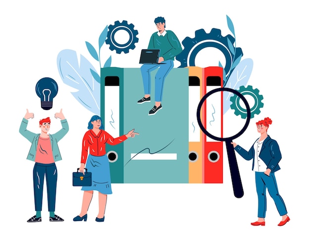 Business solution  with tiny people engaged in business process and strategy analysis