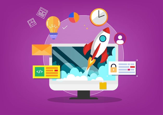 business start up launching product with rocket concept template and background startup concept flat style cartoon illustration vector