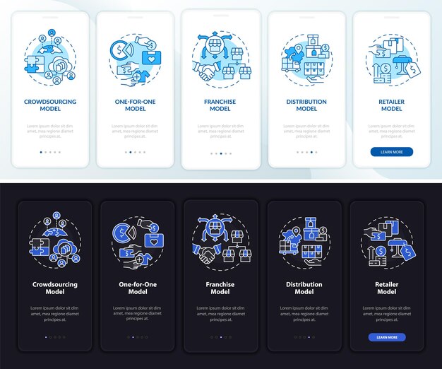Business structure types onboarding mobile app page screen. Enterprise walkthrough 5 steps graphic instructions with concepts. UI, UX, GUI vector template with night and day mode illustrations