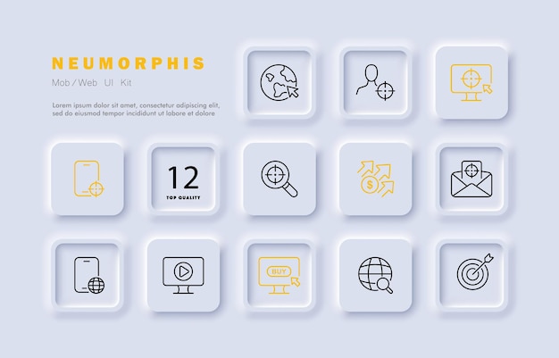 business target set icon internet worldwide aim arrow computer letter email magnifier goal achieve planet work concept neomorphism vector line icon for business and advertising
