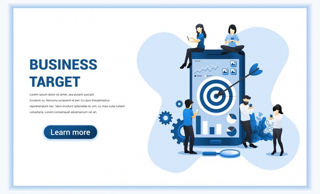 Business target  with people working together on giant mobile phone for reach the target. Goal achievement, Successful team work. Flat  illustration