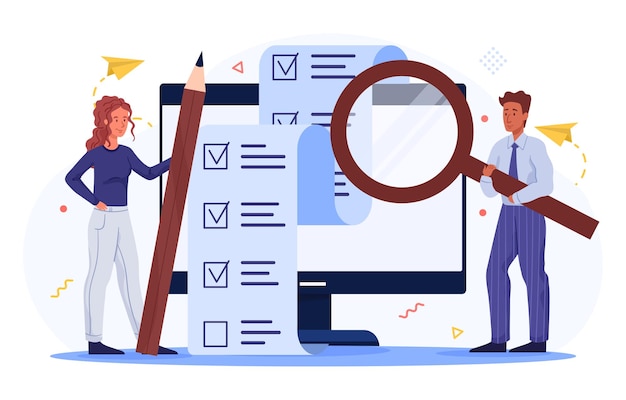 Business team concept man and woman mark the completed tasks in an electronic checklist completion