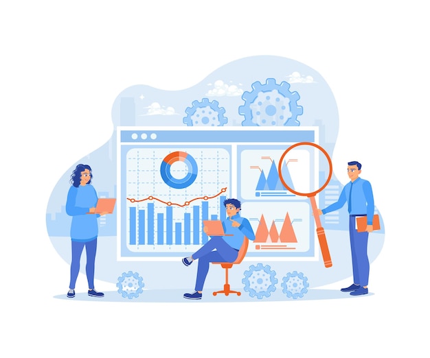 Business team holding presentation Analyze the market and optimize SEO Market Research concept Flat vector illustration