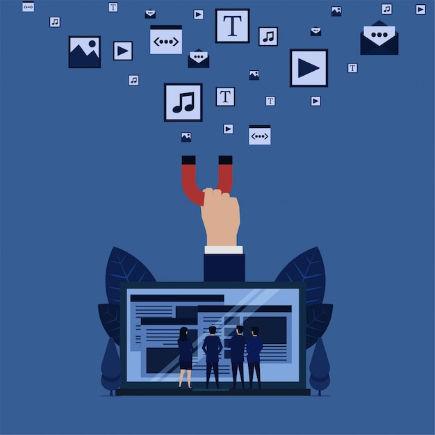 Business team see web from laptop hand hold magnet pull content media metaphor of full media content of websites.