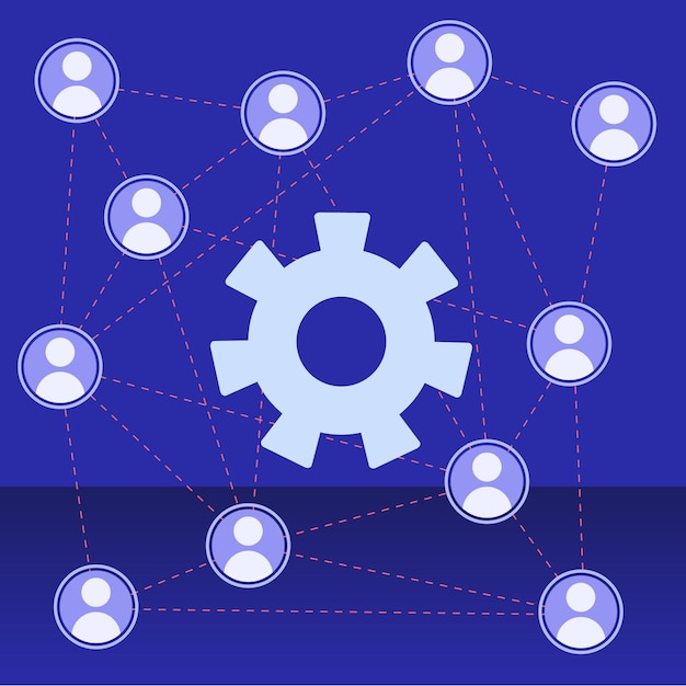 Business teamwork and technology collaboration depicted with connected people icons and gear symbol