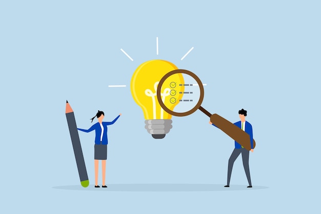 business viability checking entrepreneur using magnifying glass examines lightbulb concept
