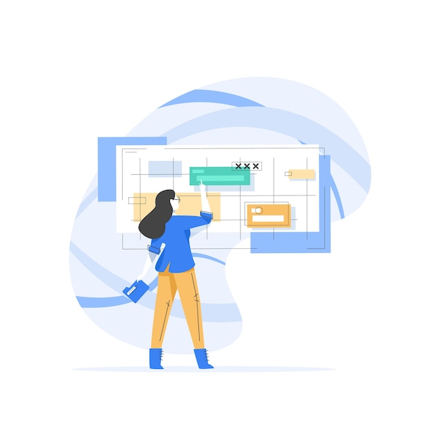 Business woman giving a speech showing sales statistics graphs on presentation screen. Flat style color modern  illustration