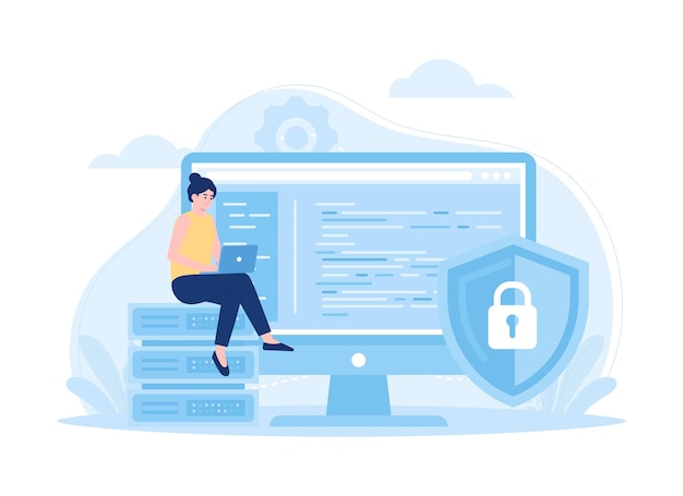 Business woman protecting business data and legal information trending concept flat illustration
