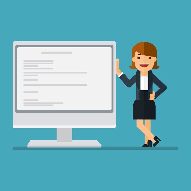 business woman showing plan on computer screen