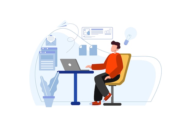 business woman working with laptop in office illustration