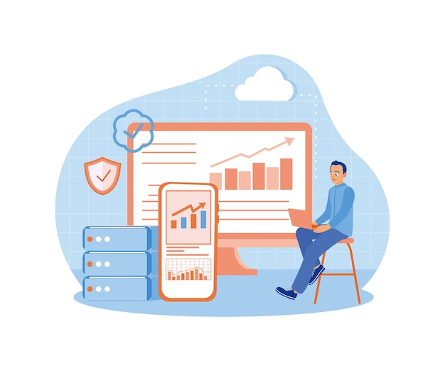 Businessman analyzes data using electronic devices Add files to the data center Could Computing concept Flat vector illustration