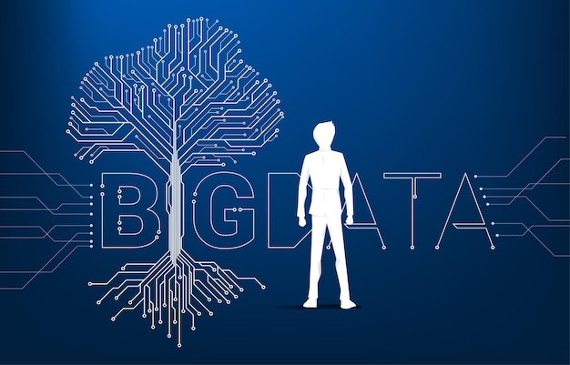 Businessman and Tree with from digital line connect dot circuit board style Background concept for big data and digital transformation