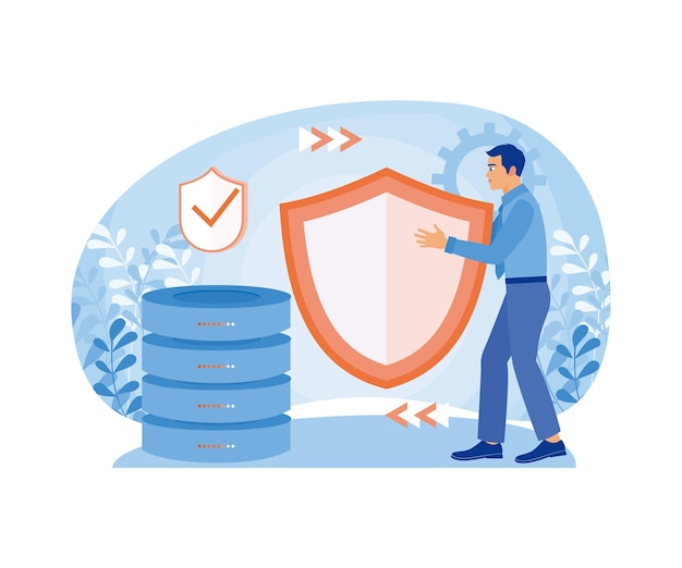 Businessman holding shield and server Secure data storage application Database concept Flat vector illustration