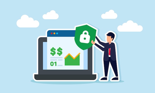 Businessman holding shield with lock symbol beside laptop displaying chart and dollar sign illustrating corporate financial data security