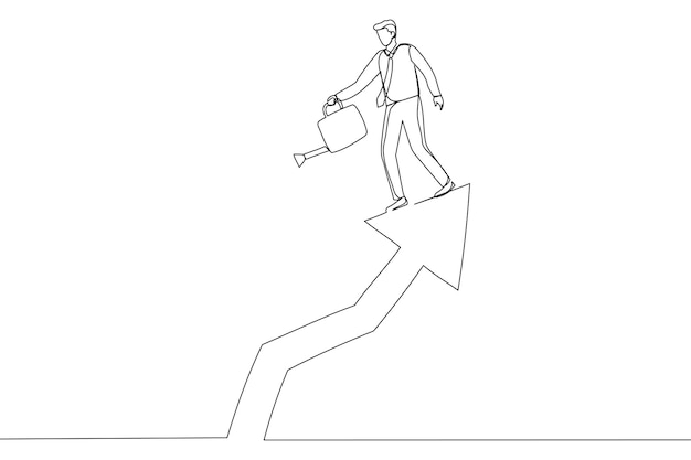 Businessman pouring water for company growth arrow business increase profit Single line art