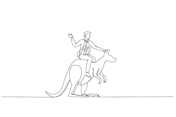 Vector businessman riding kangaroo with suicase metaphor of manager with courage and brave single continuous line art