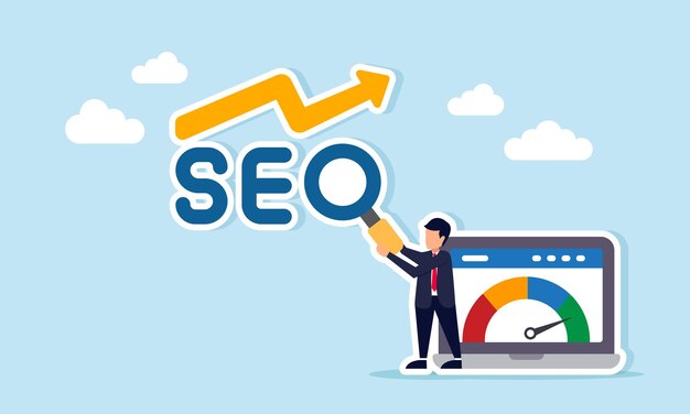 Businessman standing beside laptop showing level indicator with magnifying glass as letter O illustration of increasing market sales graph due to keyword optimization