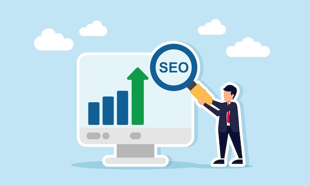 Businessman standing beside monitor showing rising graph holding magnifying glass with SEO text illustration of increasing market sales graph due to keyword optimization