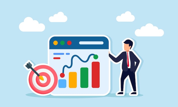 businessman standing beside target board and application interface displaying graph representing monitoring evaluation and analysis of team business target performance