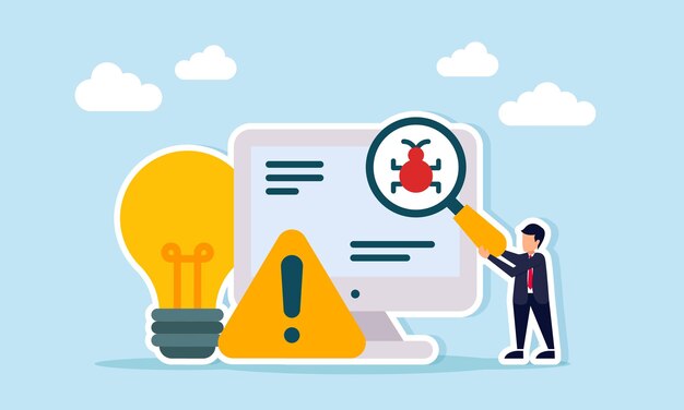 businessman standing next to light bulb warning sign and monitor holding magnifying glass with virus symbol illustration of virus attack from competitor stealing business idea