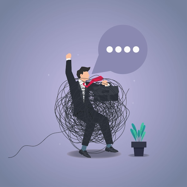 Businessman stuck in big scribble roll Business and career issues vector illustration