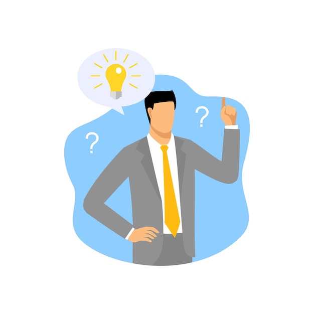 businessman with a question mark and a light bulb over his head many questions and insight