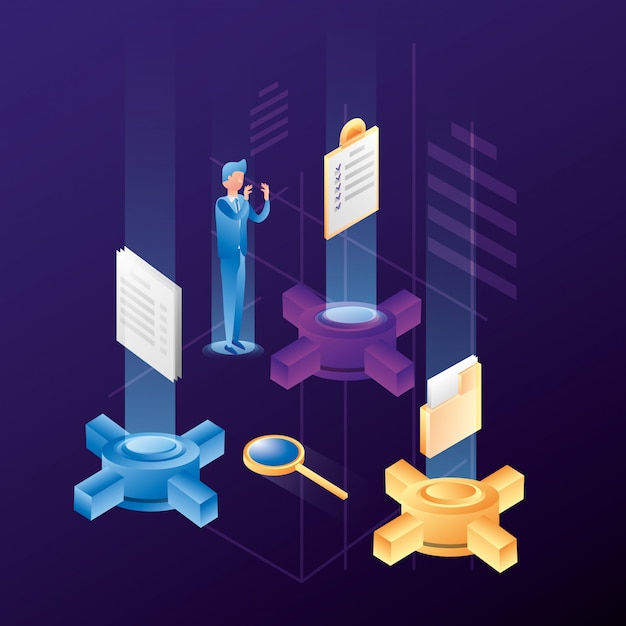 Businessman with data center network icons