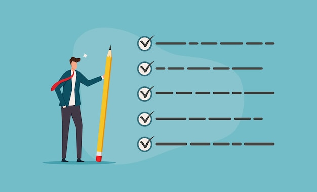 Businessman with giant pencil next to checklist suitable for business presentations