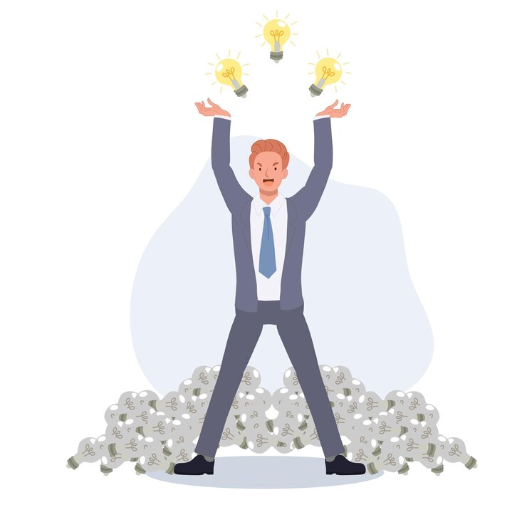 Vector businessman with many of bright light bulb over head surrounding by old light bulb on ground creative idea concept vector illustration