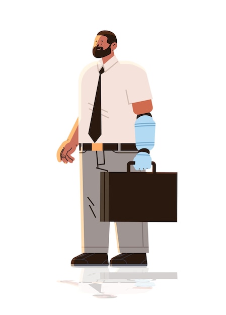 Businessman with replaced robotic arm business man with titanium implant or prosthesis hand restoring normal functioning people with disabilities