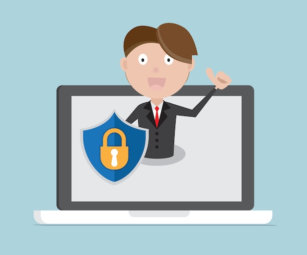 businessman with shield on laptop
