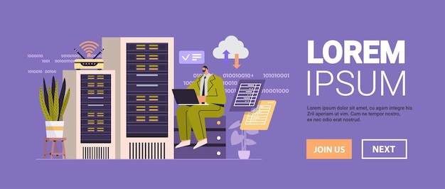 Businessman working in data center room hosting server computer monitoring information database concept