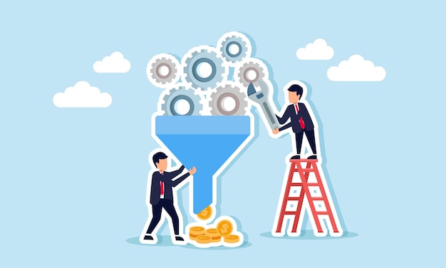 businessmen collaboration to repair machine gears use a wrench while another holds a funnel shaped tool produce dollar coins illustration of recovery of business performance