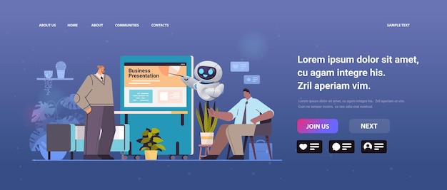 businesspeople and robot helper making presentation in coworking center artificial intelligence technology concept