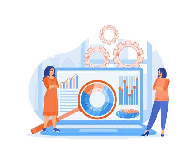 Businesswoman analyzing charts Develop business strategies to improve marketing Market Research concept Flat vector illustration