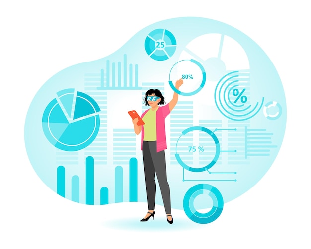 businesswoman analyzing modern data visualizations with interactive charts and graphics