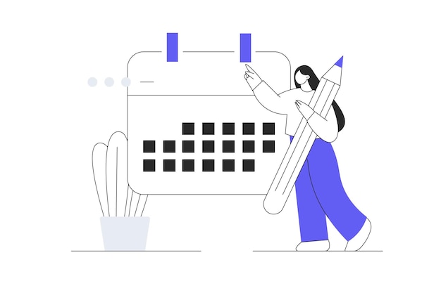 Businesswoman carry big calendar with pencil planning project schedule and deadlines Flat Cartoon