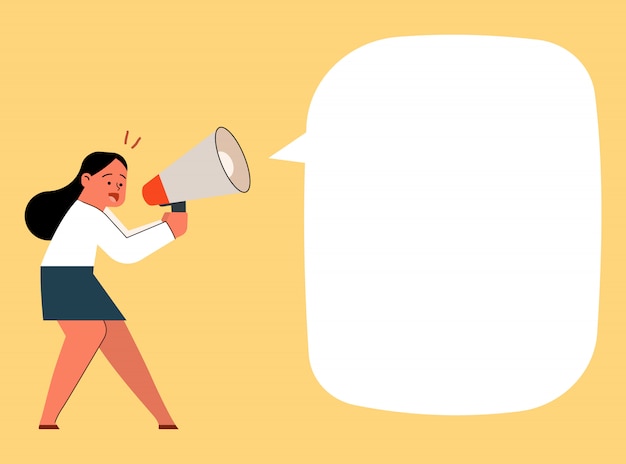 Businesswoman shouting and screaming with megaphone, vector cartoon illustration.