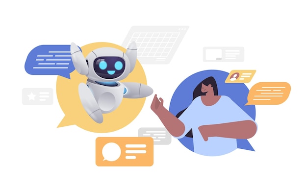 businesswoman with robot in chat bubbles discussing during meeting online communication artificial intelligence technology