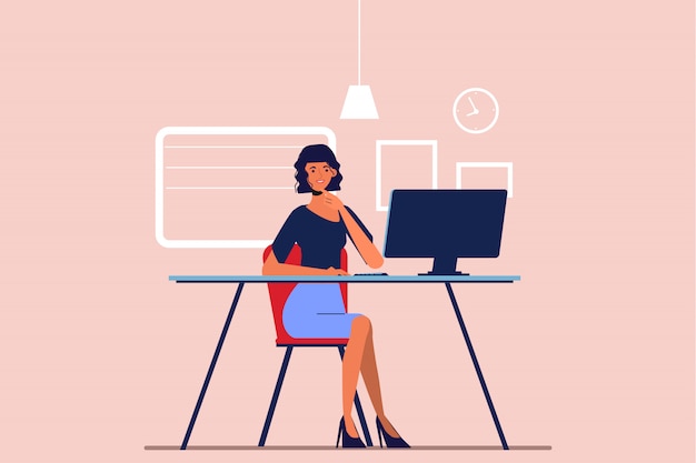 Businesswoman working with a laptop computer at desk. Business people character.