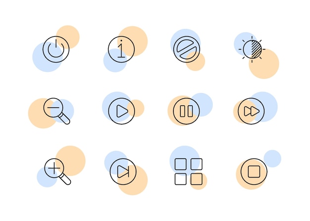 Button for player line icon Cycle next and previous video play info stop shuffle brightness help fast forward and rewind Media concept Vector line icon on white background