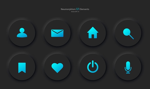 Buttons for mobile devices in the style of neumorphism UI UX A set of user interface elements for a mobile application in black with blue elements Vector EPS 10