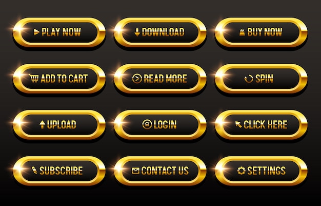 Buttons for websites Black buttons in a gold frame and with gold letters Big set