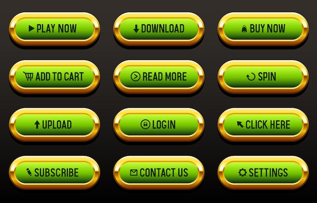 buttons for websites green buttons in a golden frame big set of vector buttons for web design