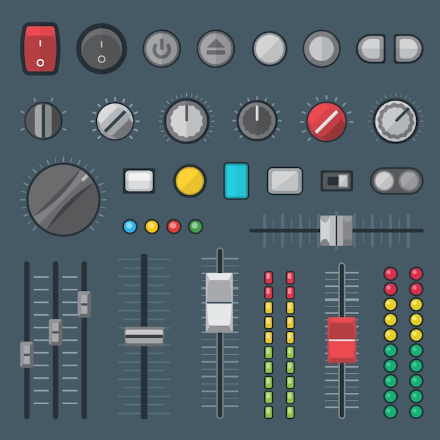 buttons switchers, faders, sliders, crossfaders and indicators set 