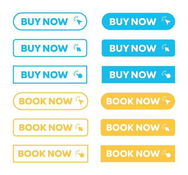 Buy Now and Book Now Web Buttons simple outline style vector Hand clicking and pointer icon symbol