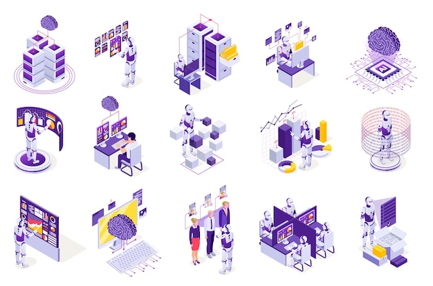 Các biểu tượng isometric tự động hóa quy trình bằng robot với hình ảnh riêng biệt của robot, thiết bị điện tử, màn hình máy tính và hình minh họa vector giao diện tương lai