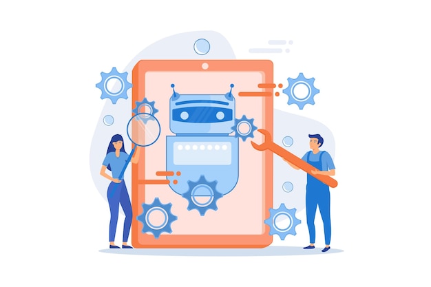 Các nhà phát triển có cờ lê làm việc trên phát triển ứng dụng chatbot. Phát triển ứng dụng Chatbot,